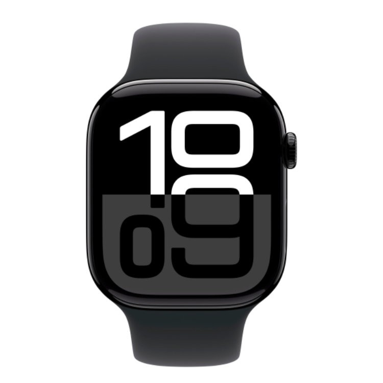 Apple Watch Series 10, 46 мм, Умные часы Корпус из алюминия цвета «Черный глянец», спортивный ремешок черного цвета